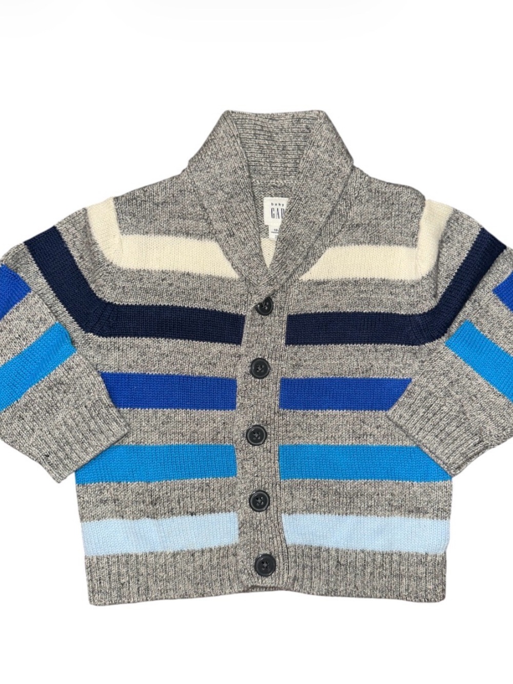 GAP Gray Striped Shawl-Collar Cardigan with Blue Accents